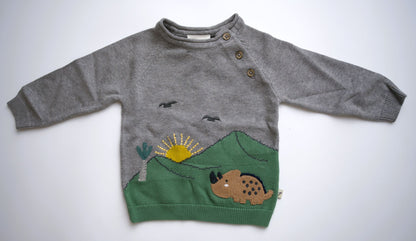 Viverano Organics Dinosaur Jacquard Knit Raglan Baby Sweater (Organic Cotton) – Heather Grey
