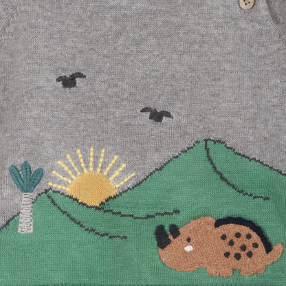 Viverano Organics Dinosaur Jacquard Knit Raglan Baby Sweater (Organic Cotton) – Heather Grey