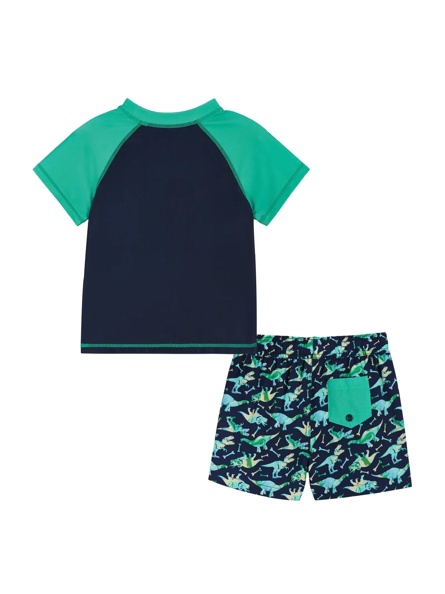 teal and navy dinosaur dino swim trunks swimsuit short sleeve rash guard 