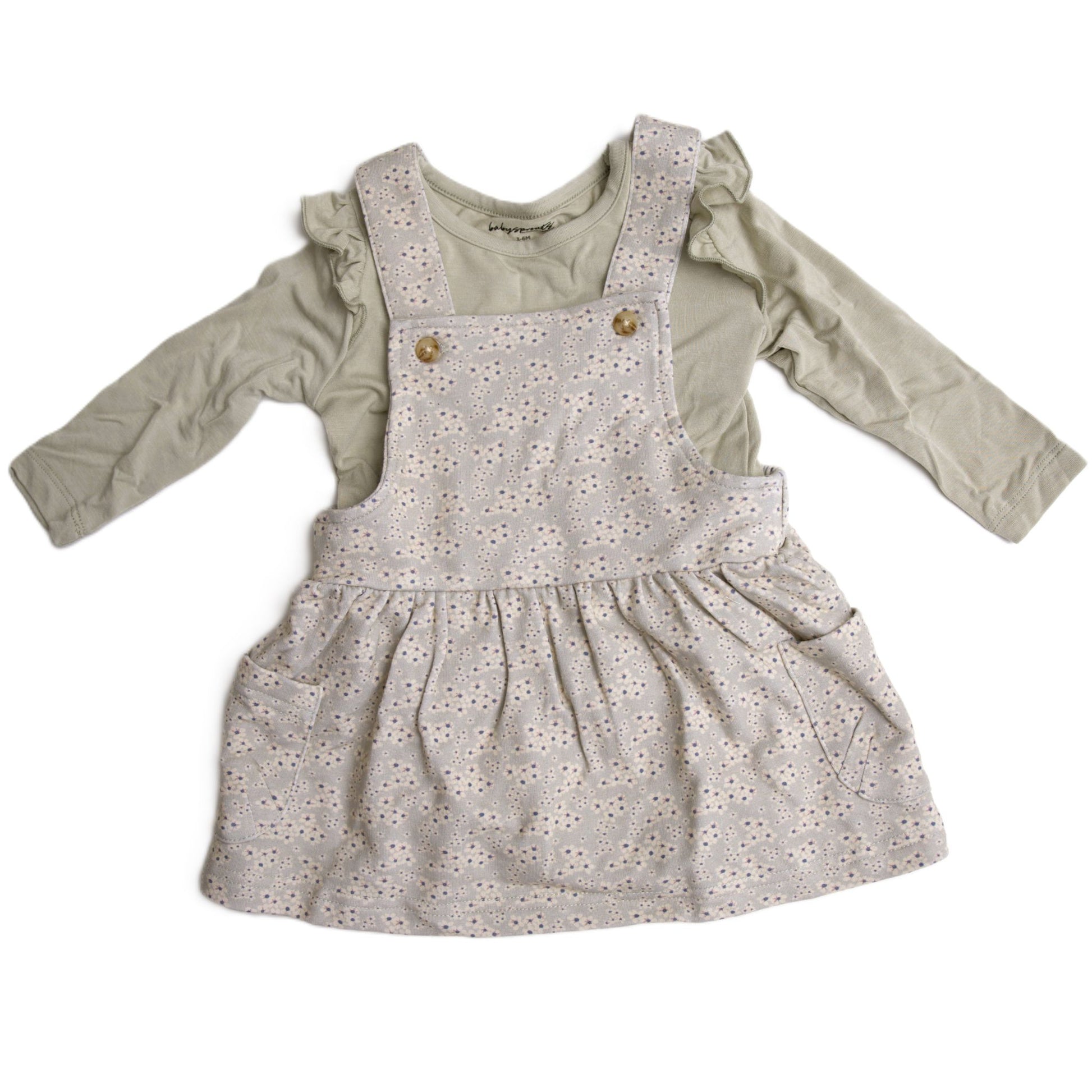 babysprouts sage long sleeve tee with romper dress.  tiny floral detail, bamboo cotton