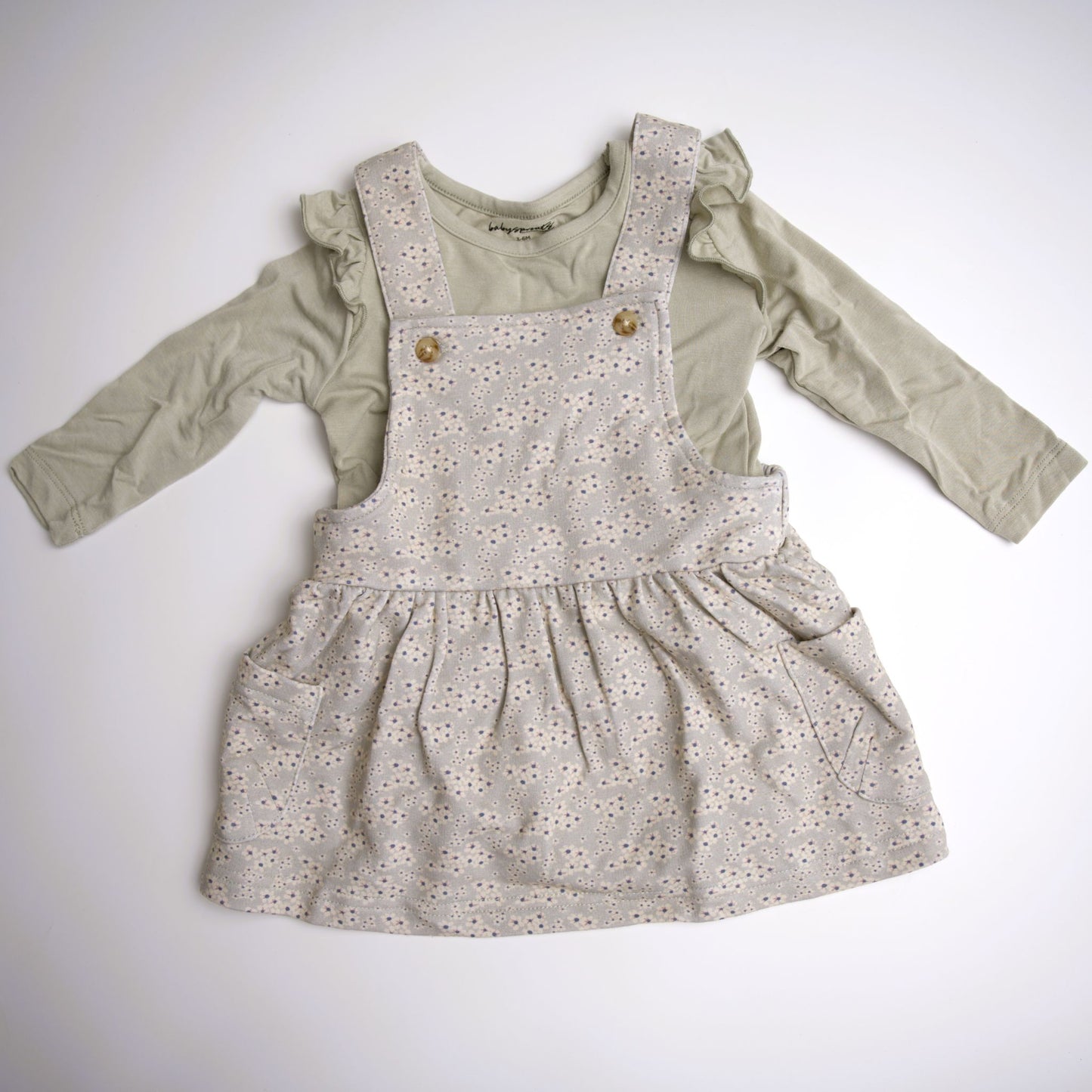 babysprouts sage long sleeve tee with romper dress.  tiny floral detail, bamboo cotton