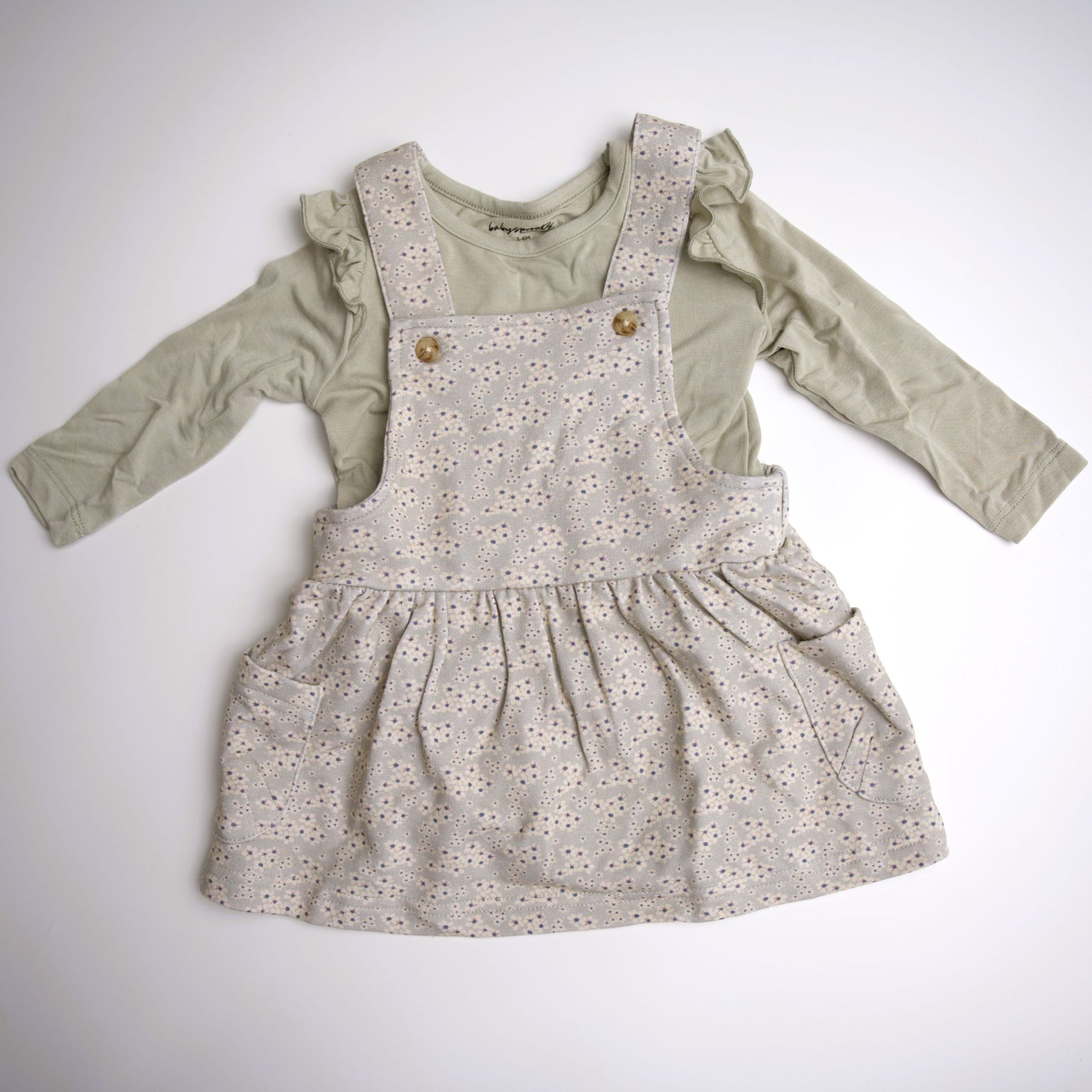 babysprouts sage long sleeve tee with romper dress.  tiny floral detail, bamboo cotton