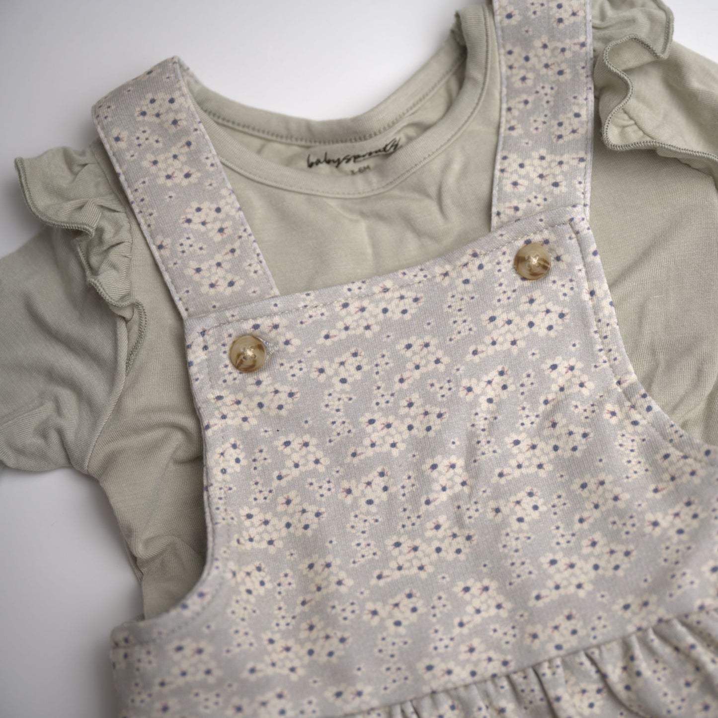 babysprouts sage long sleeve tee with romper dress.  tiny floral detail, bamboo cotton