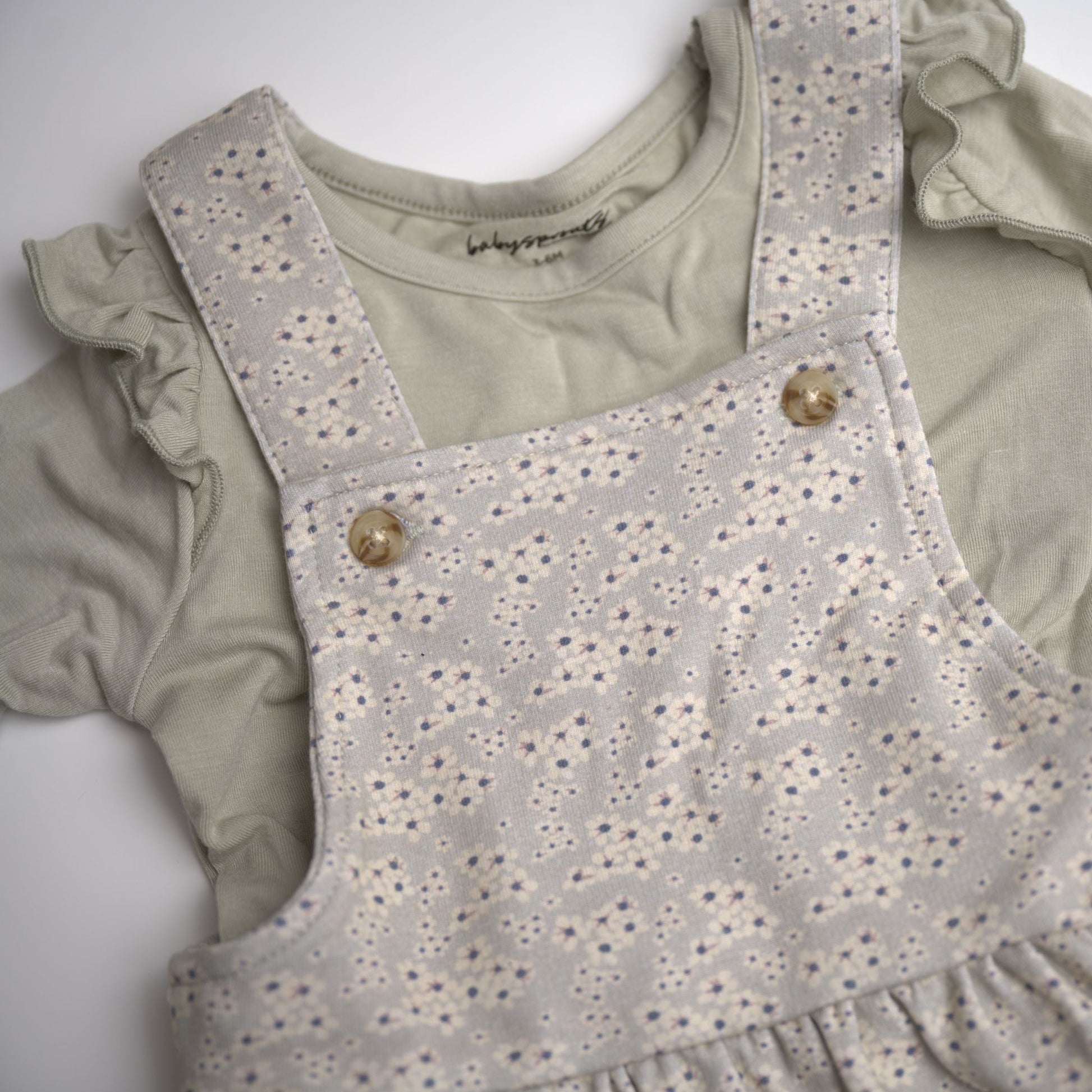 babysprouts sage long sleeve tee with romper dress.  tiny floral detail, bamboo cotton