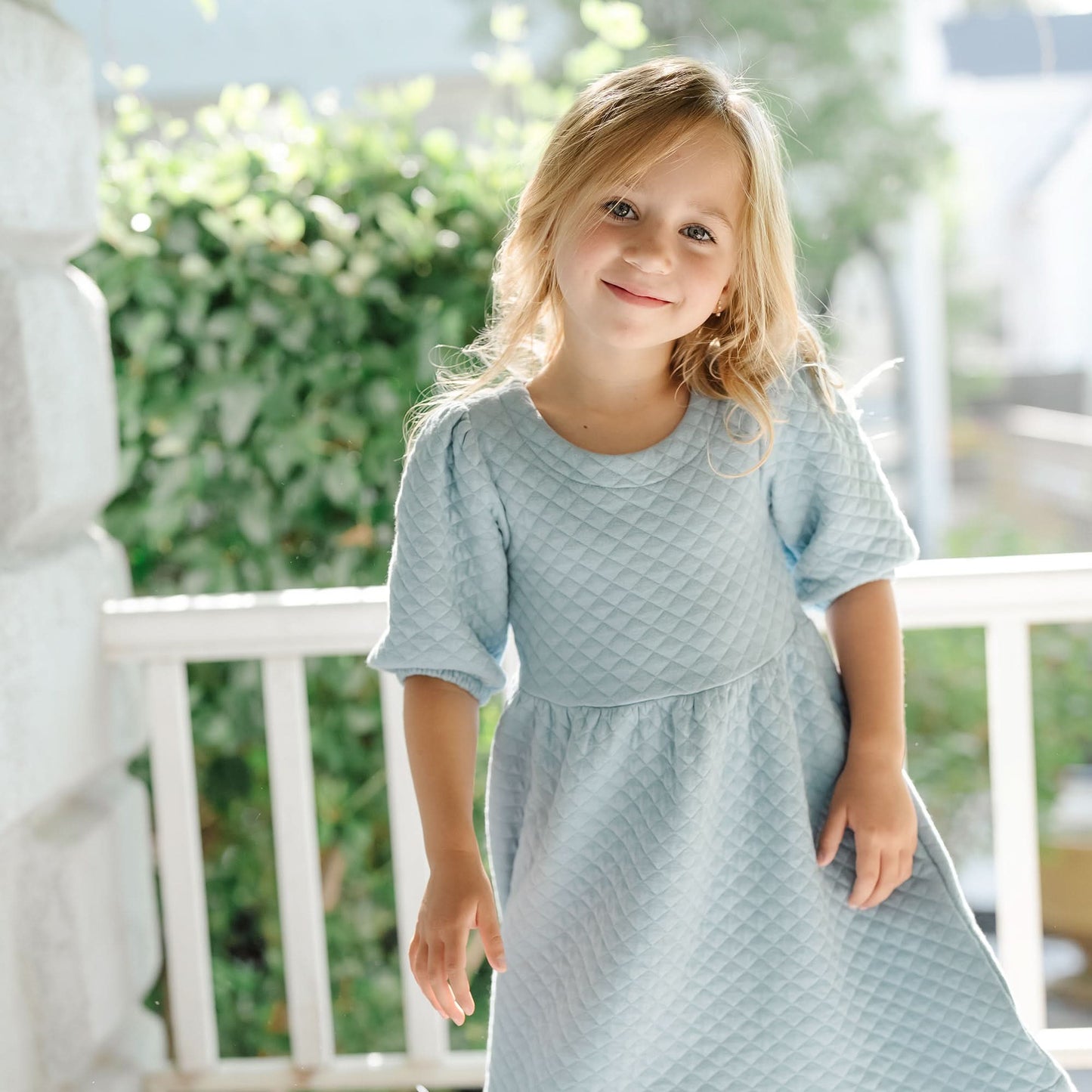 Hope & Henry Baby Girls Quilted Puff Sleeve Dress - Dusty Blue Quilted Hope & Henry Baby Girls Quilted Puff Sleeve Dress - Dusty Blue Quilted