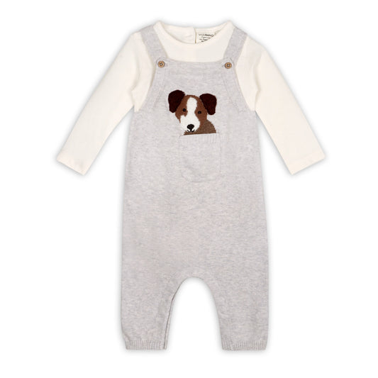 viverano, dog overalls, with a long sleeve white onesie.  Overalls are a grey organic knit