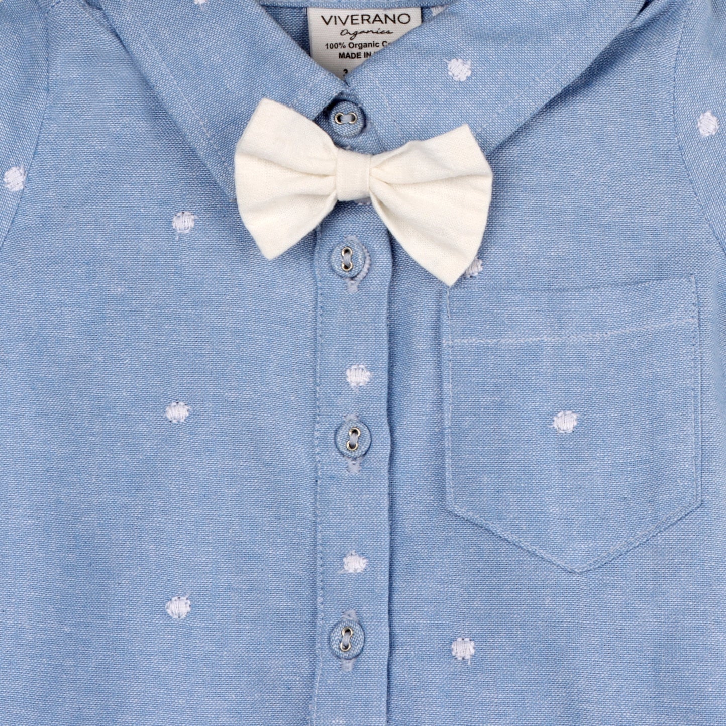 Viverano Organics Isla Bowtie Chambray Baby Romper (Organic Cotton) – Ocean Blue