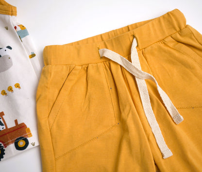 Viverano Organics baby playsuit set with a farm animal print, including a sleeveless tee and shorts in orange, with a white sash tie at the waist.