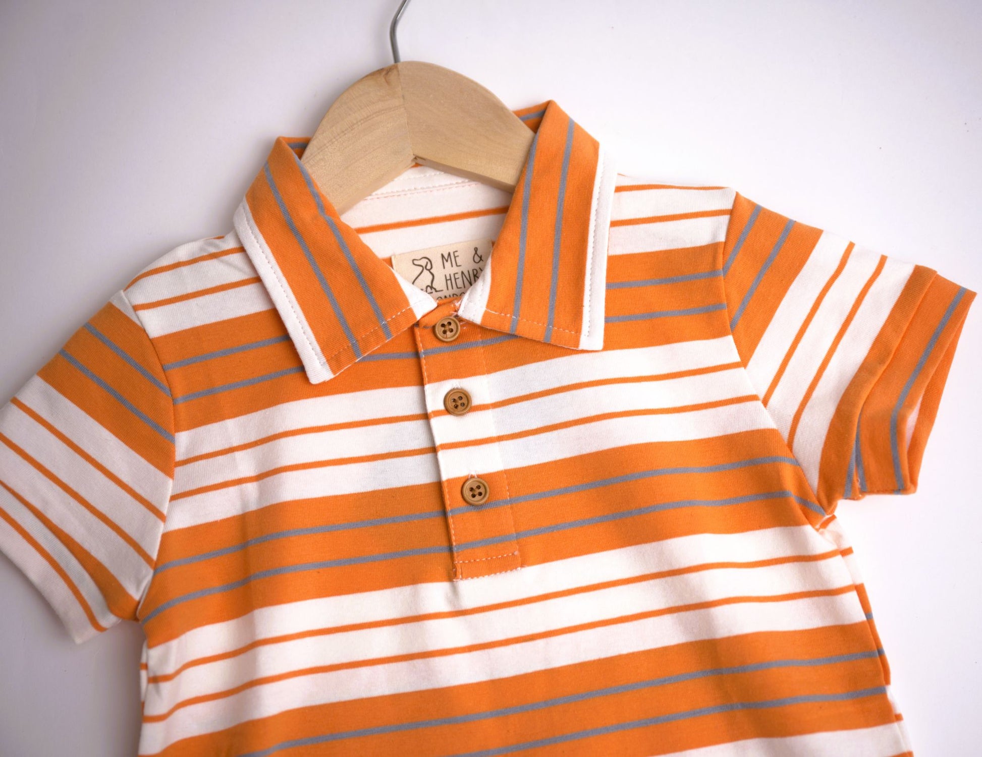 Me & Henry orange, white and grey striped short sleeve polo shirt with collar