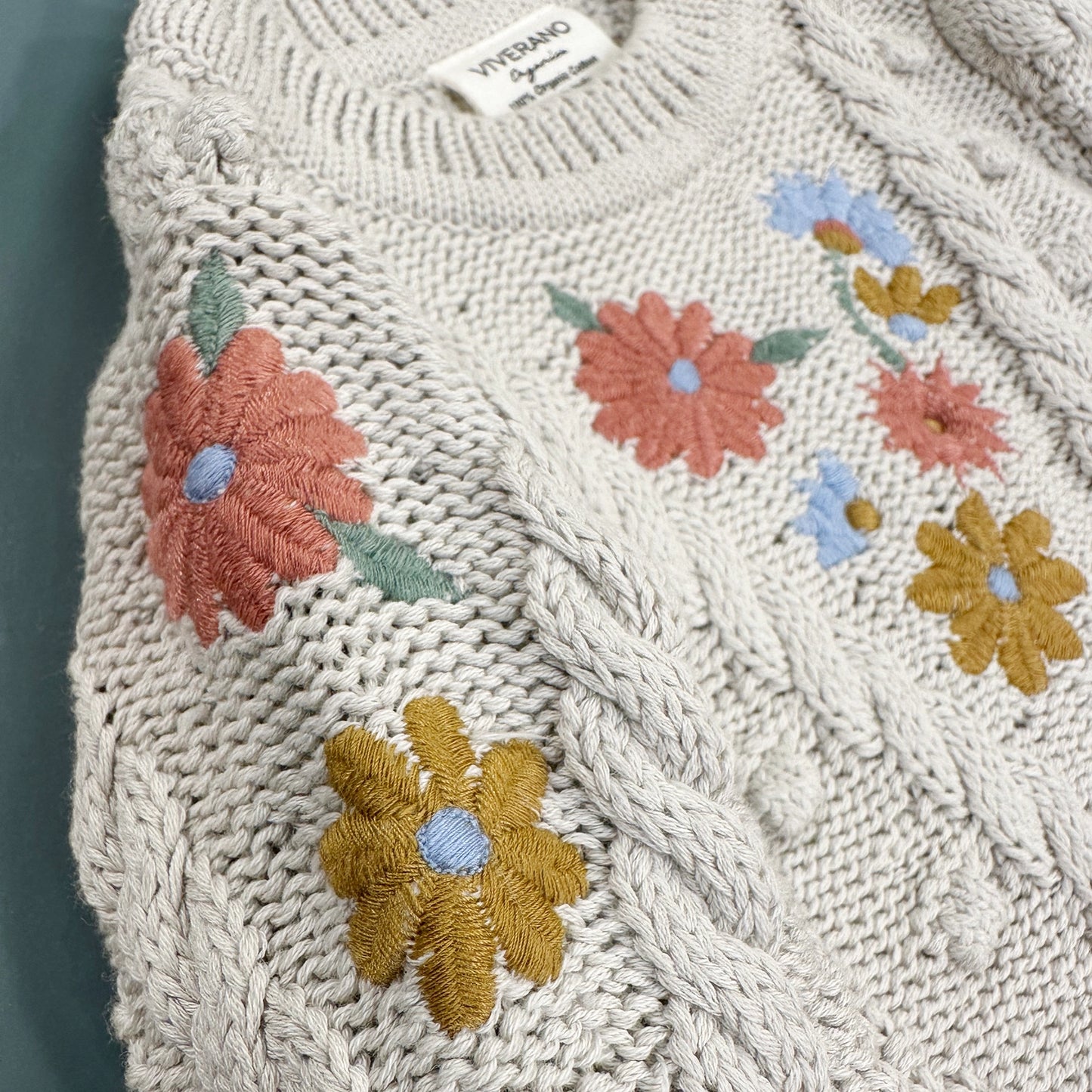 Viverano Organics Floral Embroidered Chunky Baby Pullover Sweater (Organic)- Stone