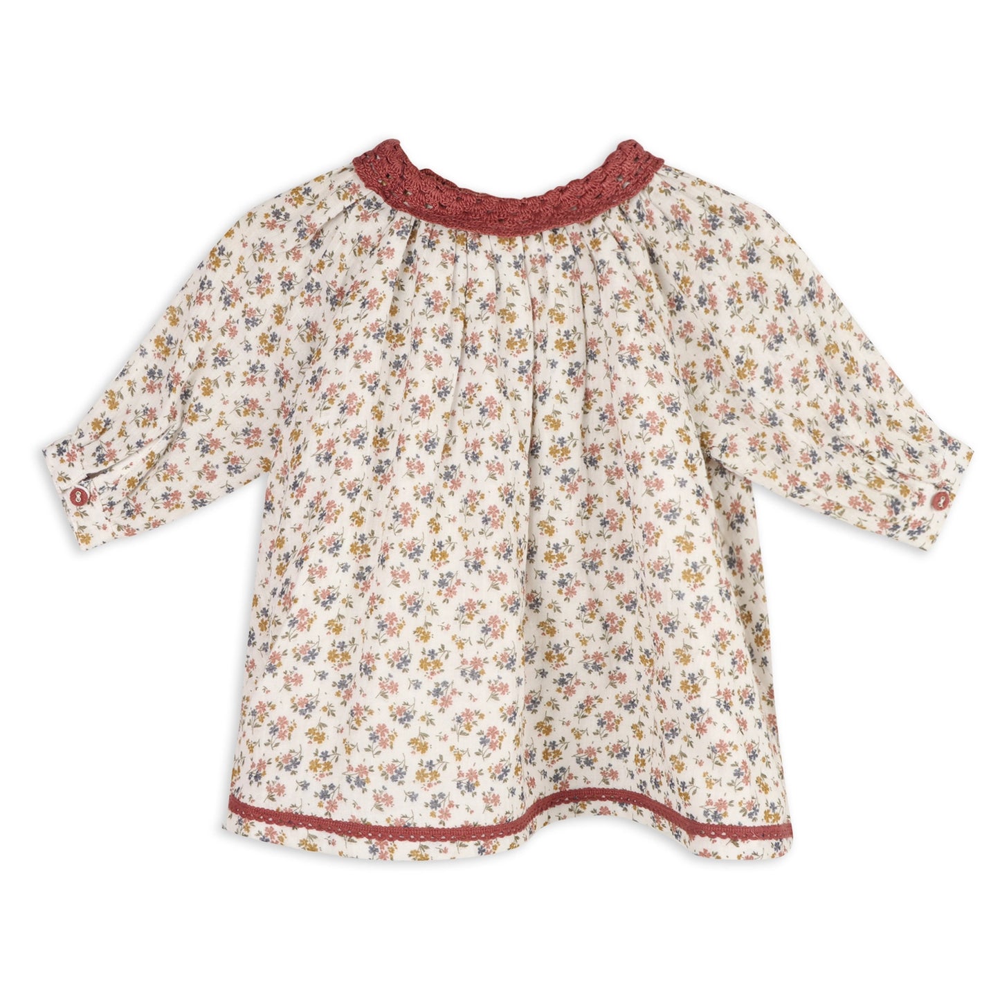 viverano baby girl dress for fall in linen blend, mauve and mustard floral design, crocheted neck and button sleeves