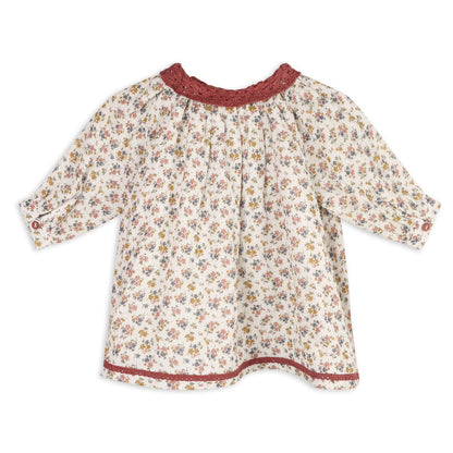 viverano baby girl dress for fall in linen blend, mauve and mustard floral design, crocheted neck and button sleeves