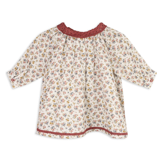 viverano baby girl dress for fall in linen blend, mauve and mustard floral design, crocheted neck and button sleeves