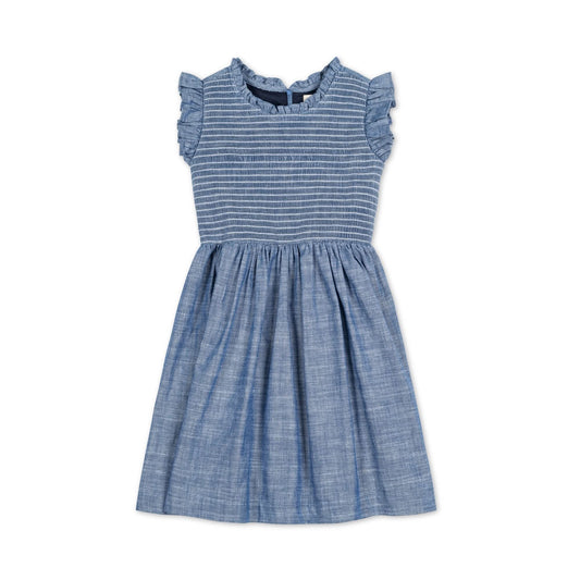 hope and henry, chambray, denim smocked dress, flutter sleeves, knee length