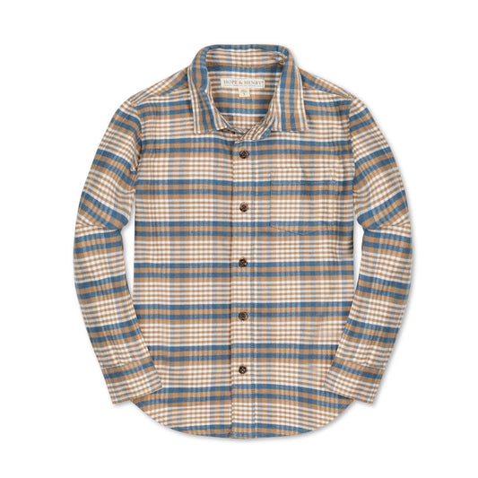 hope and henry, blue, tan, white, plaid, collared, long sleeve, button up, shirt, suede elbows, boys, toddler
fall
