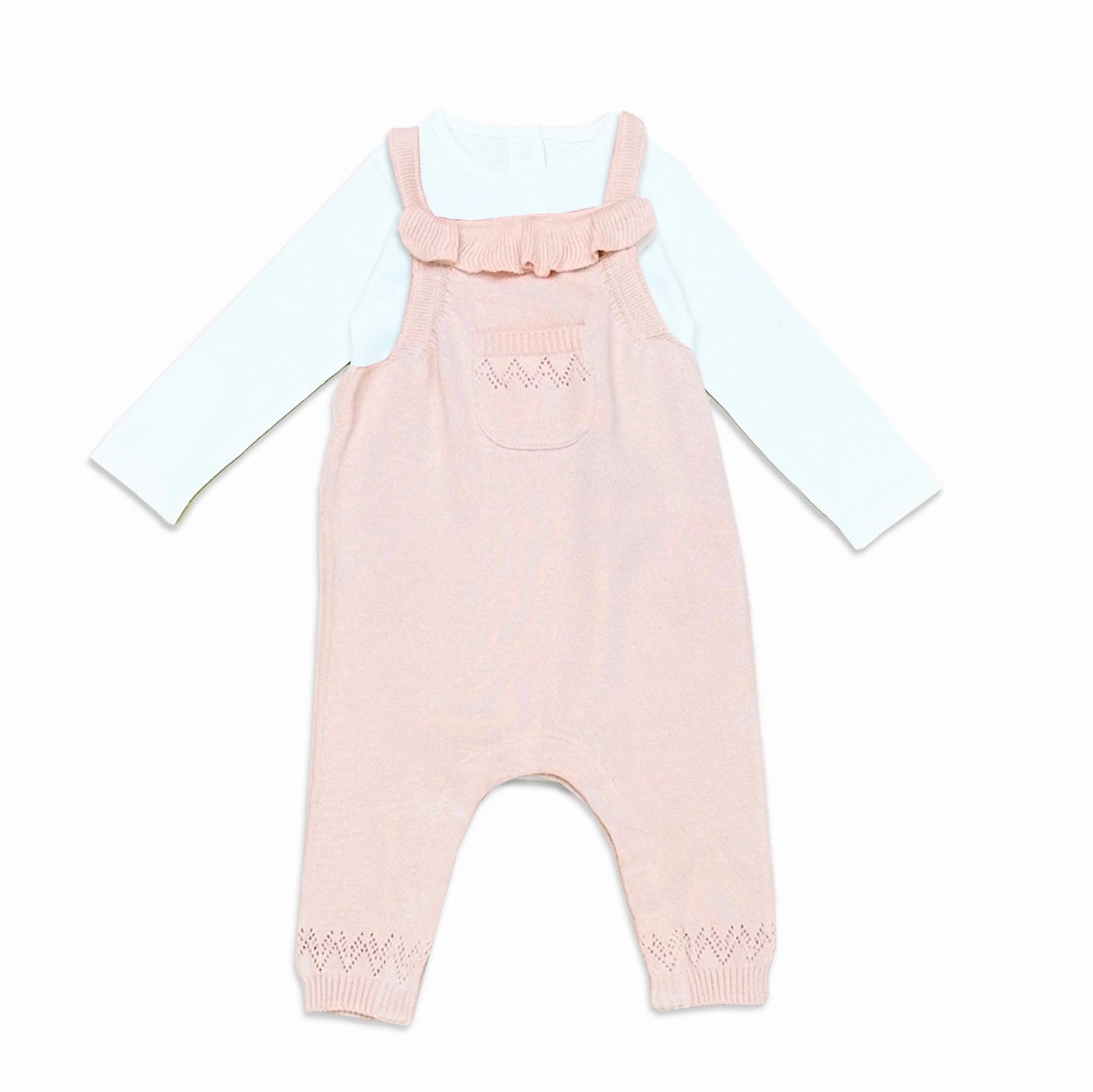 viverano, sweater knit overall with long sleeve white onesie, pocket front, girls, baby jumpsuit, romper, playsuit