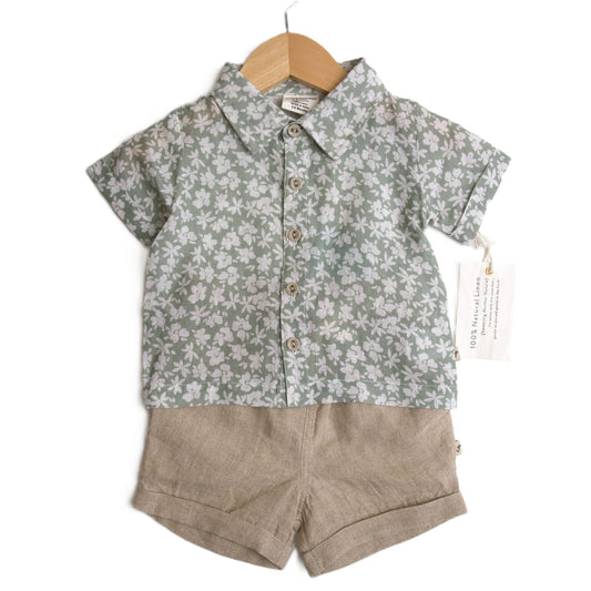 floral teal linen shorts set grey shorts button up collared shirt 
