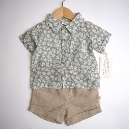 floral teal linen shorts set grey shorts button up collared shirt 