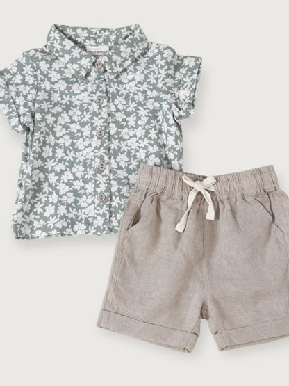 floral teal linen shorts set grey shorts button up collared shirt 
