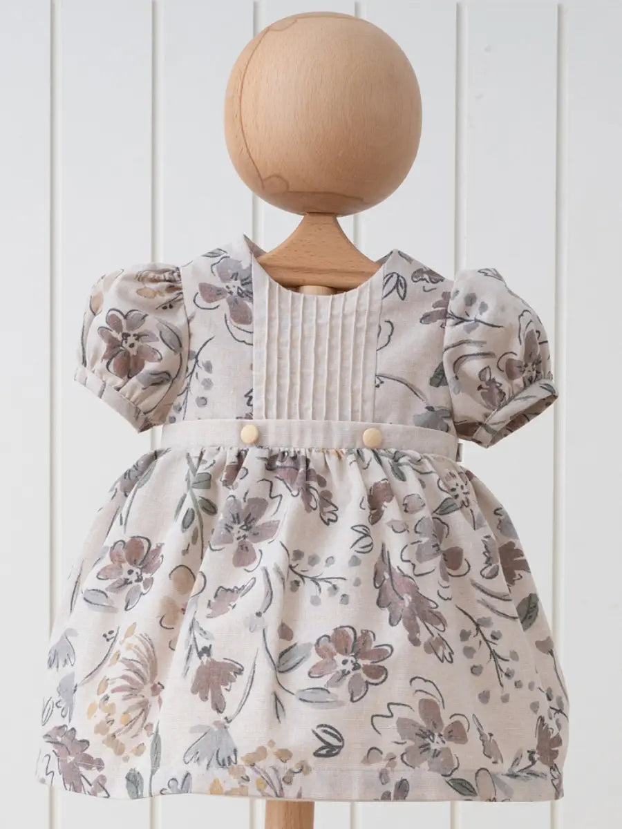 girls natural balloon linen dress fall dress floral brown dress
