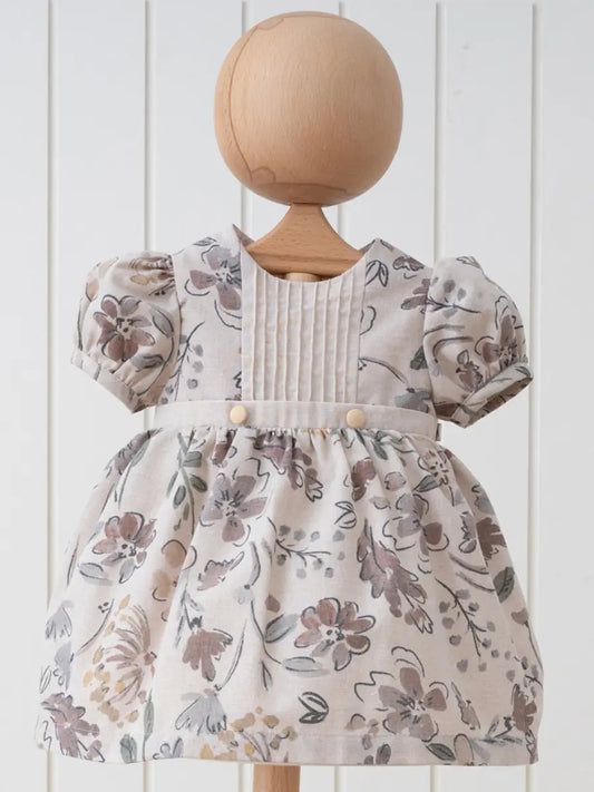 girls natural balloon linen dress fall dress floral brown dress