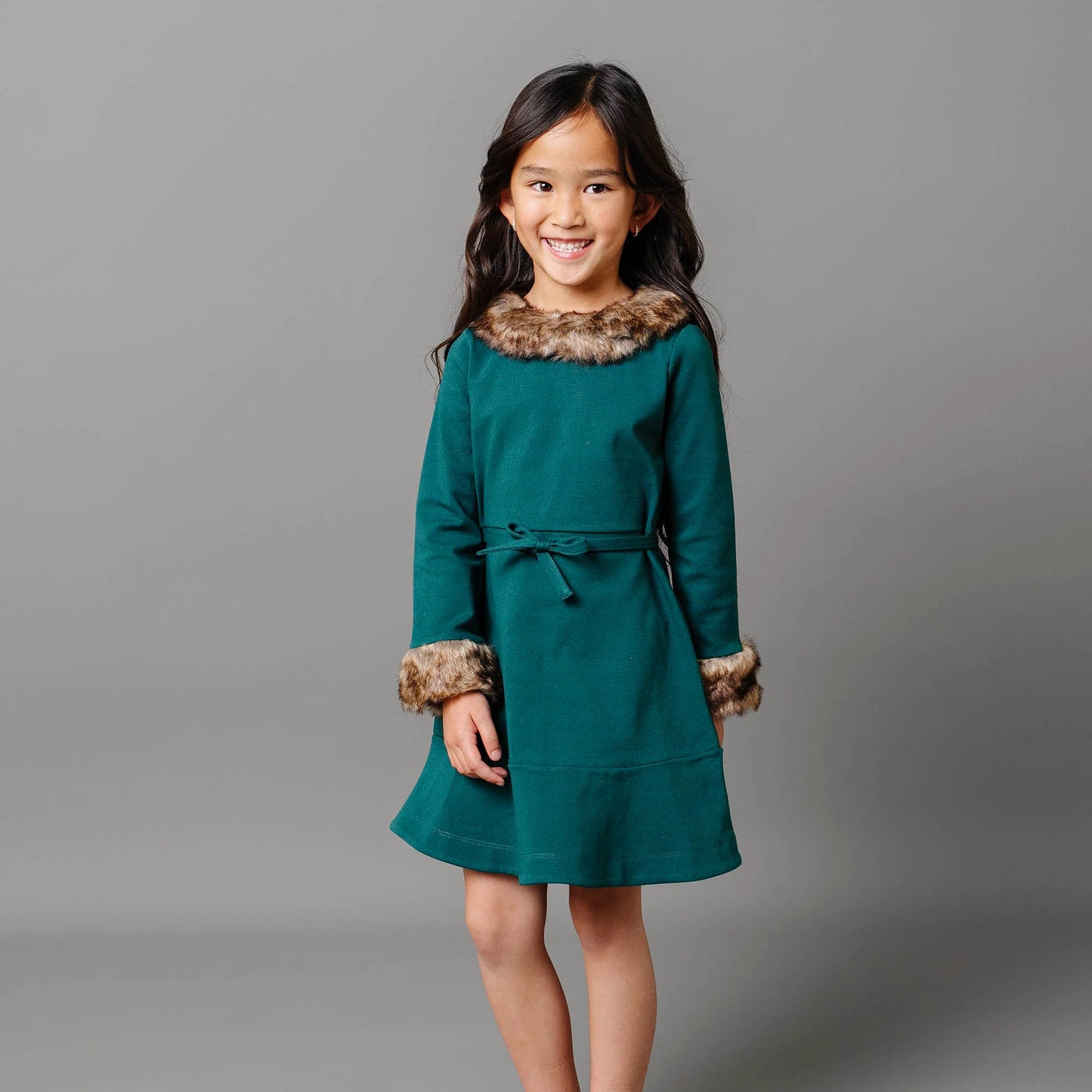 Hope and Henry Long Sleeve Ponte Dress w/Faux Fur – Deep Green Long Sleeve