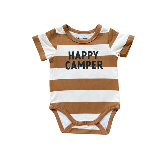 babysprouts, onesie, happy camper, stripe, camel, white, short sleeve, summer
