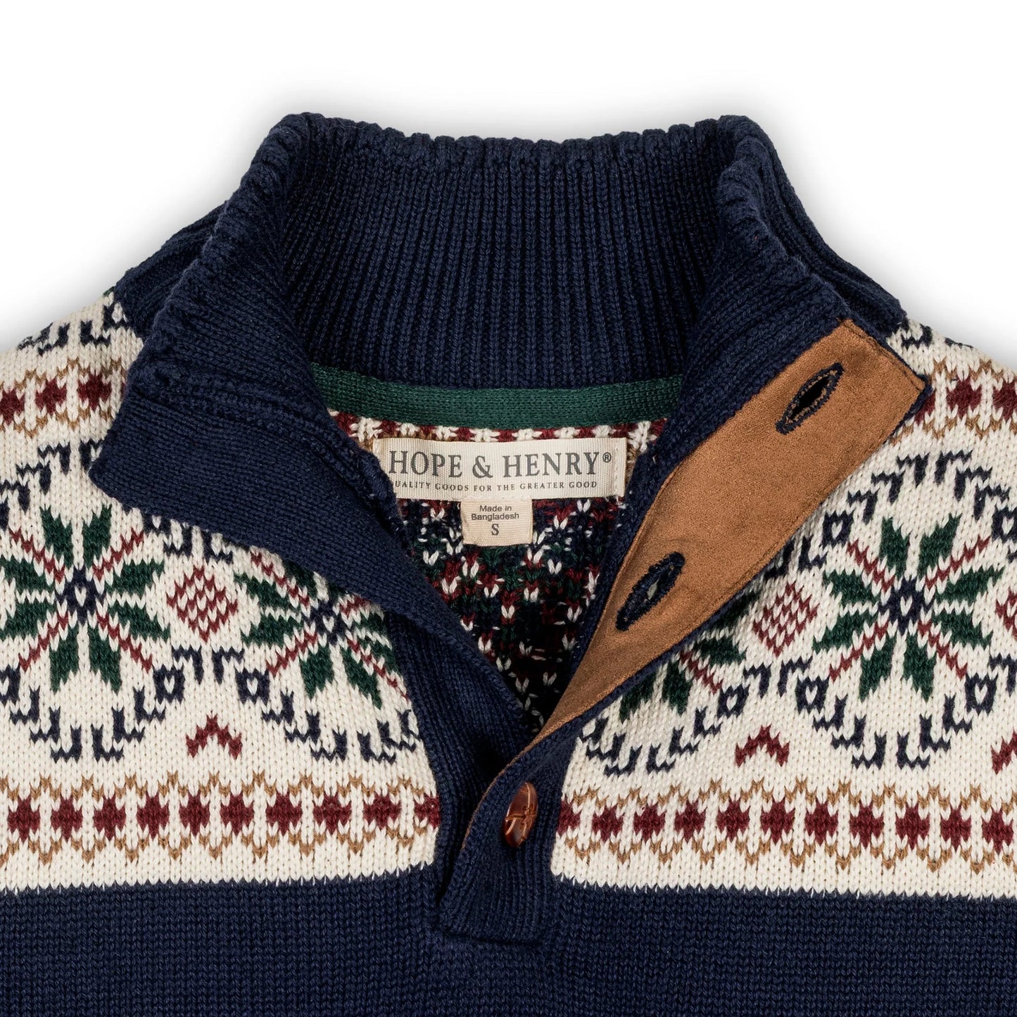 Hope & Henry organic mock neck sweater with Scottish snowflake pattern