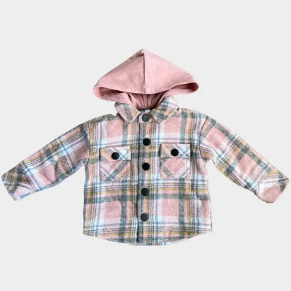 babysprouts, cottons, flannel, pink, shacket, coat, hooded, grey, girl, toddler, fall, coat