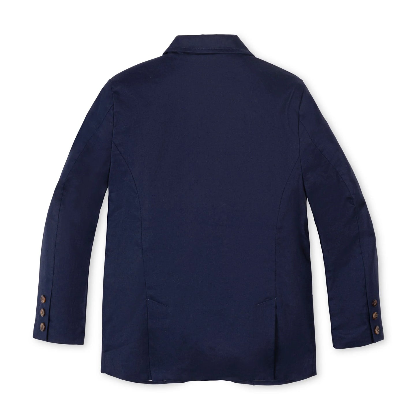back view of Boys navy blue suit jacket in a premium 55% linen and 45% organic cotton blend