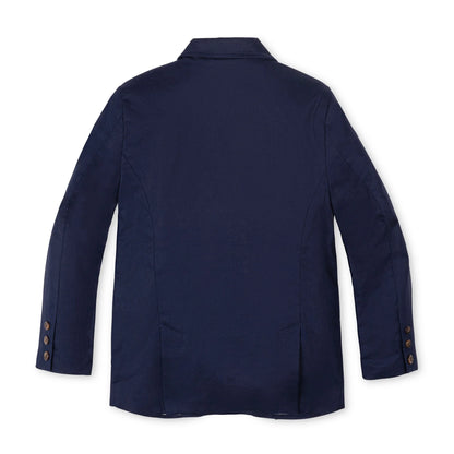 back view of Boys navy blue suit jacket in a premium 55% linen and 45% organic cotton blend