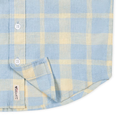 button view of Boys short sleeve blue plaid shirt in a linen and organic cotton blend by Hope and Henry.