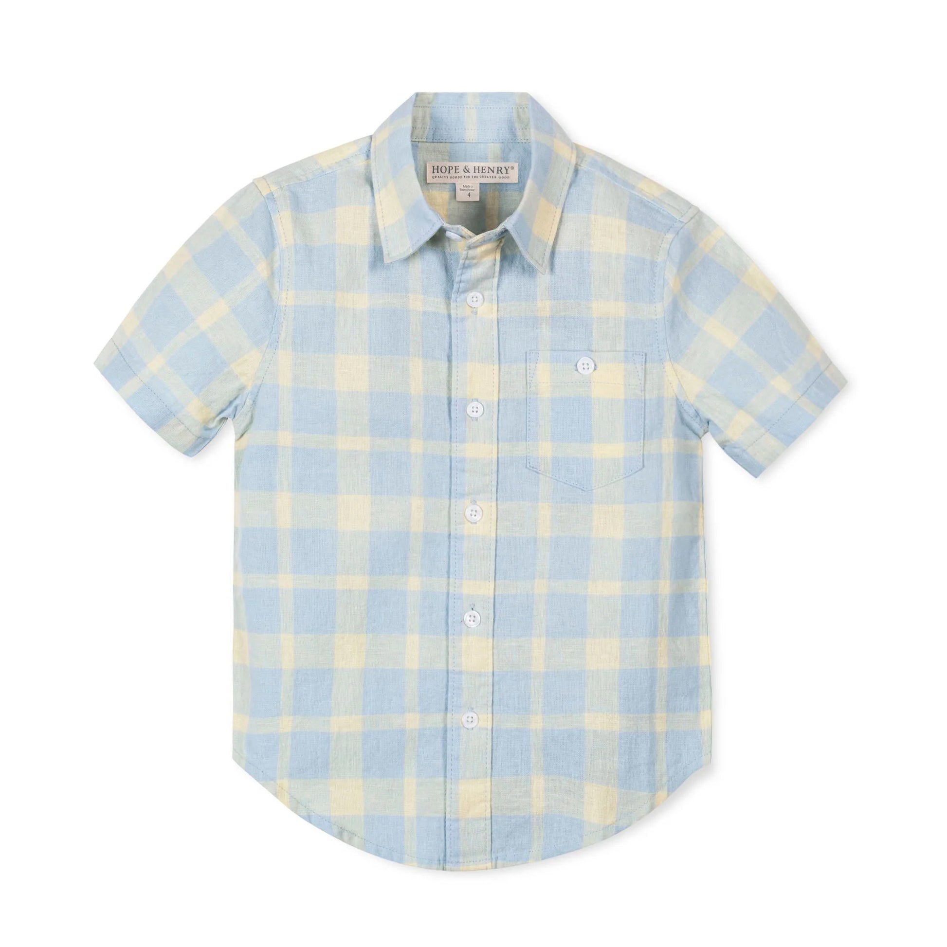 Boys short sleeve blue plaid shirt in a linen and organic cotton blend by Hope and Henry.