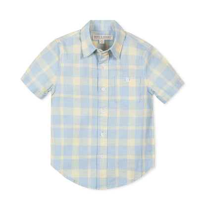 Boys short sleeve blue plaid shirt in a linen and organic cotton blend by Hope and Henry.
