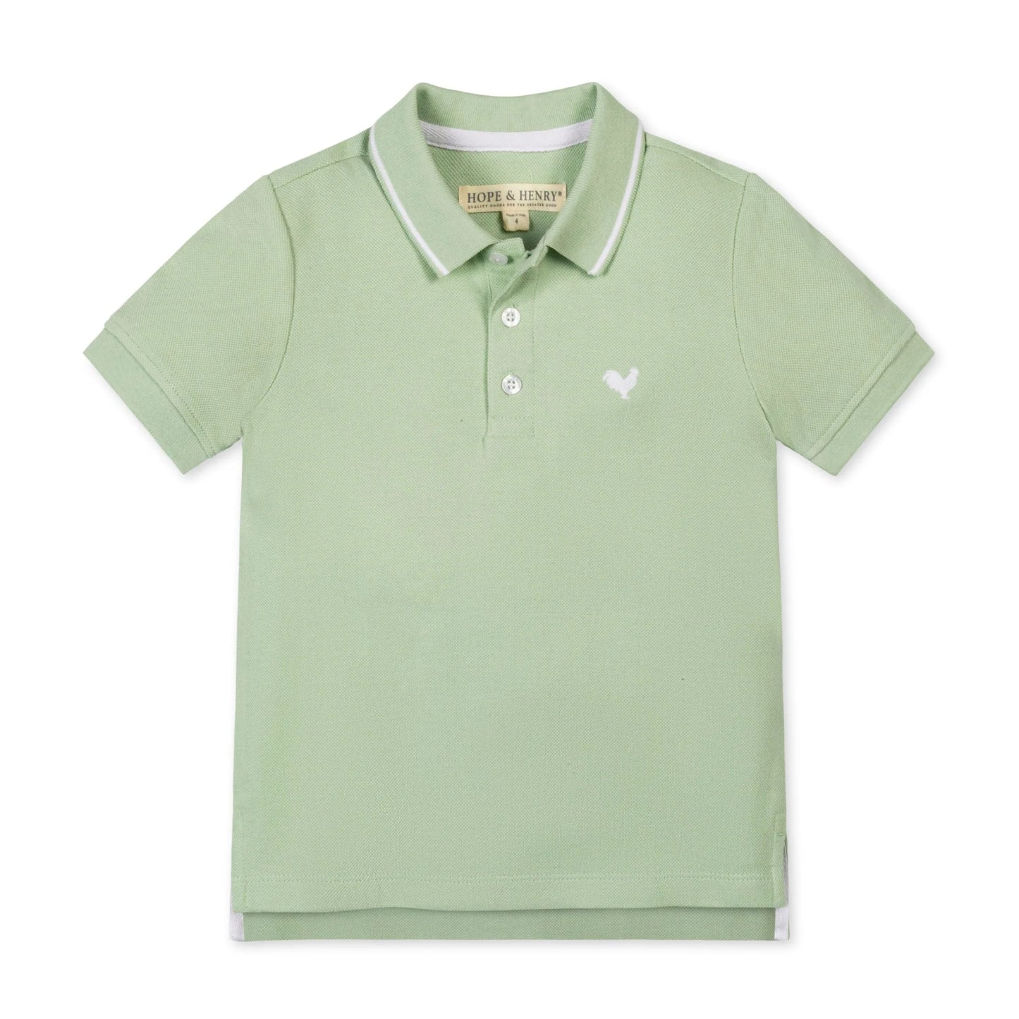 Front view of a boys bright green organic cotton pique polo shirt by Hope and Henry.