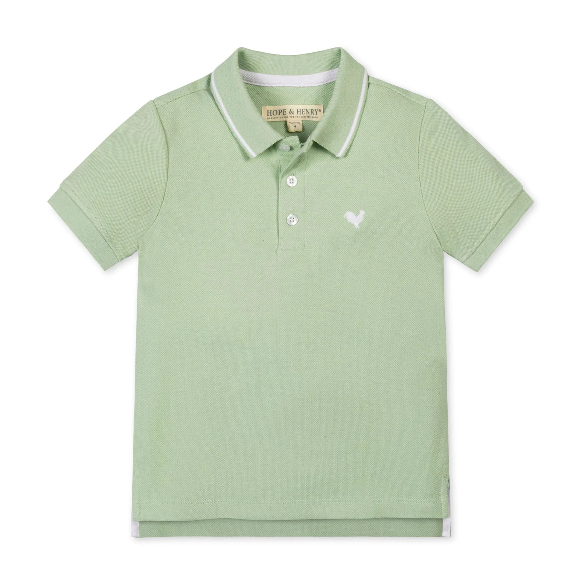 Front view of a boys bright green organic cotton pique polo shirt by Hope and Henry.