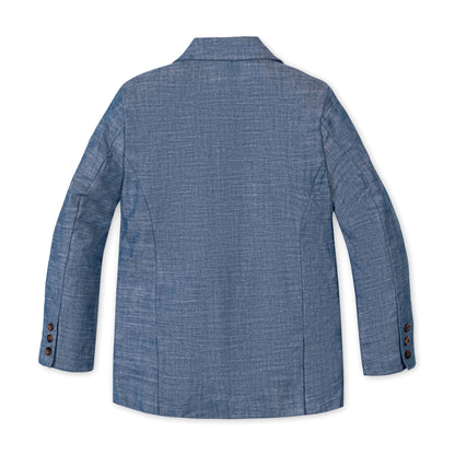 Back view of Boys light blue 100% organic cotton chambray suit jacket by Hope and Henry