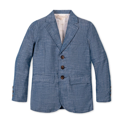 Boys light blue 100% organic cotton chambray suit jacket by Hope and Henry