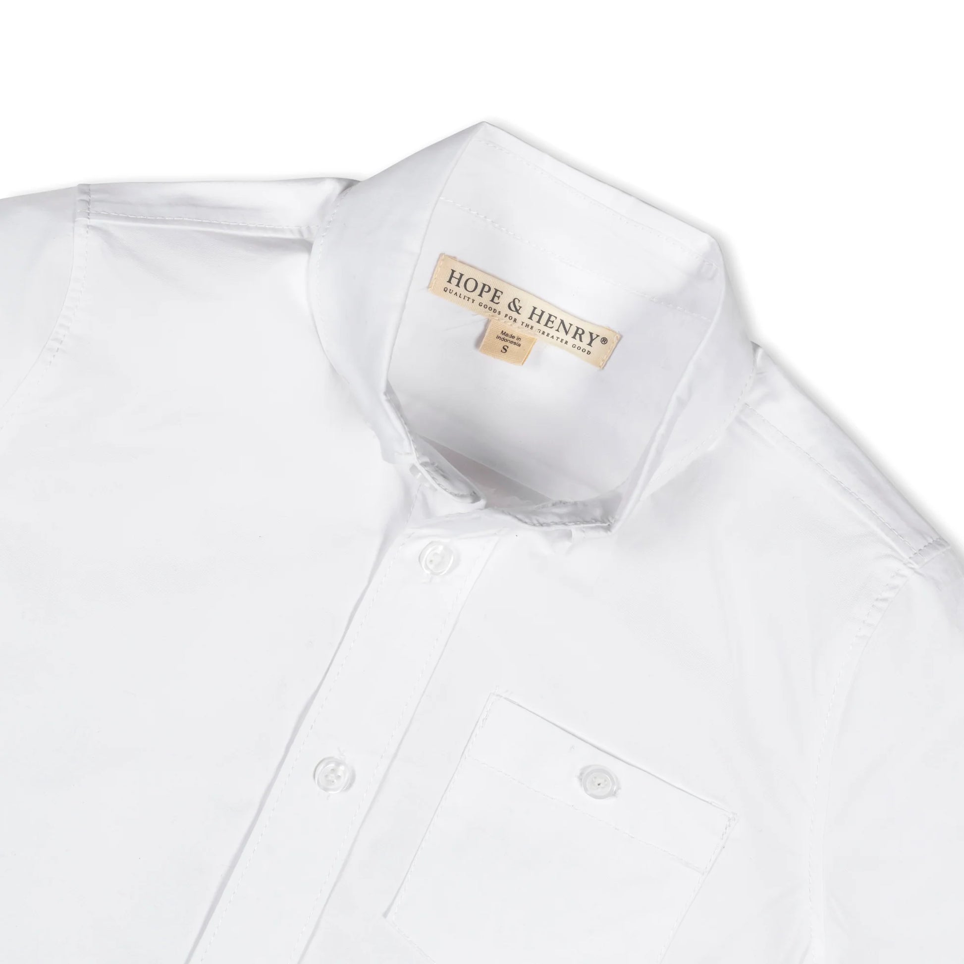 collar view of Boys white short sleeve organic cotton stretch poplin button-down shirt by Hope and Henry.