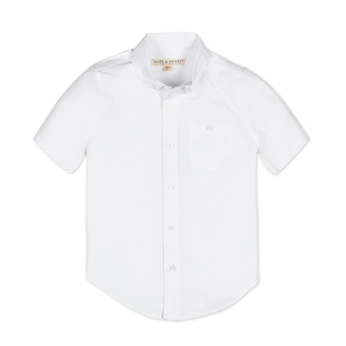 Boys white short sleeve organic cotton stretch poplin button-down shirt by Hope and Henry.
