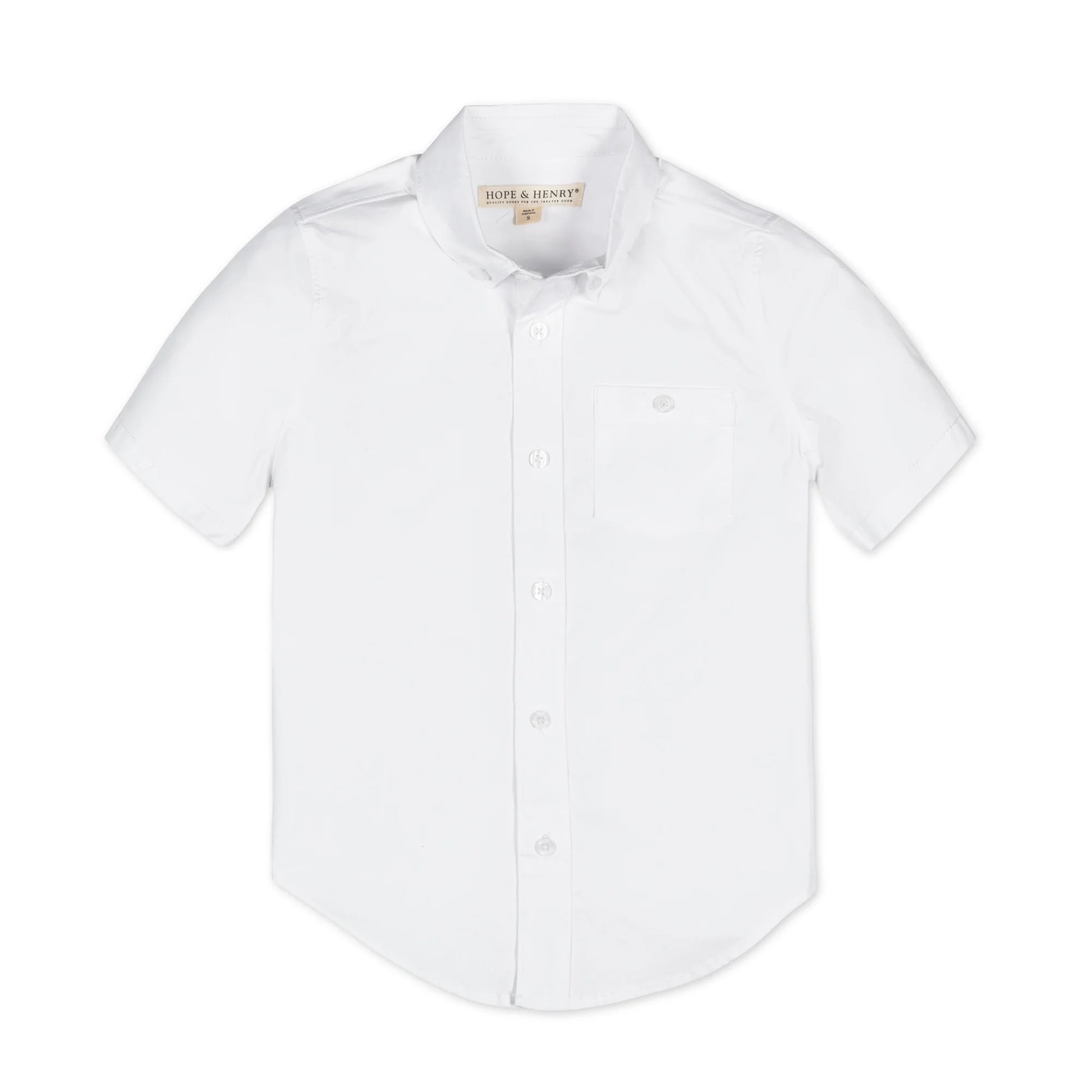 Boys white short sleeve organic cotton stretch poplin button-down shirt by Hope and Henry.