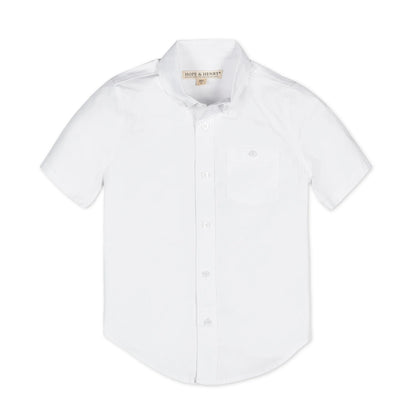 Boys white short sleeve organic cotton stretch poplin button-down shirt by Hope and Henry.