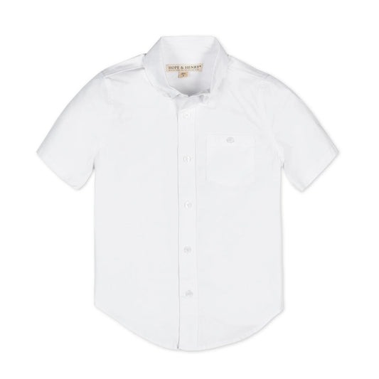Boys white short sleeve organic cotton stretch poplin button-down shirt by Hope and Henry.