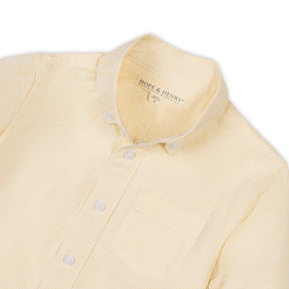 Collar view of Yellow 100% organic cotton seersucker short sleeve shirt for boys by Hope and Henry