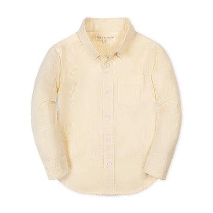Yellow 100% organic cotton seersucker short sleeve shirt for boys by Hope and Henry
