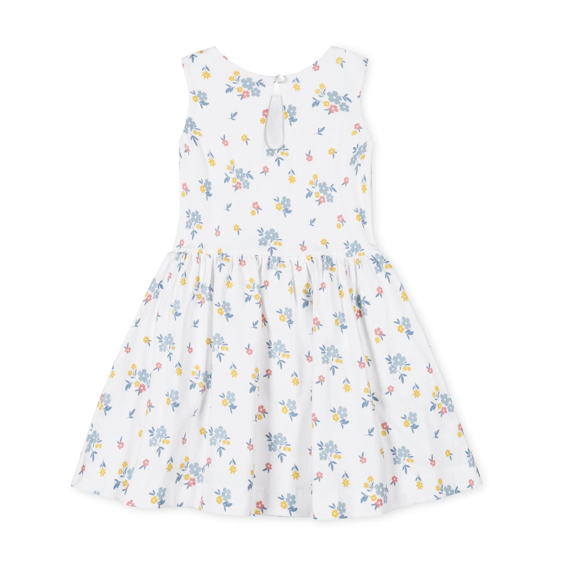 back view of Little girls sleeveless white floral dress in 100% organic cotton knit by Hope and Henry.
