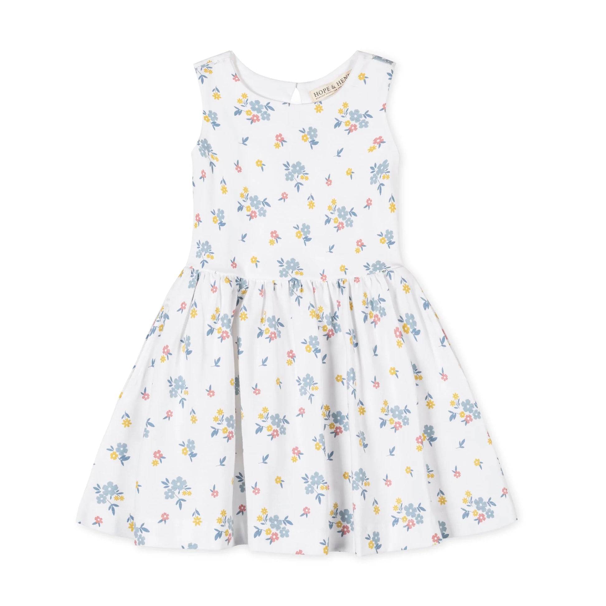 Little girls sleeveless white floral dress in 100% organic cotton knit by Hope and Henry.