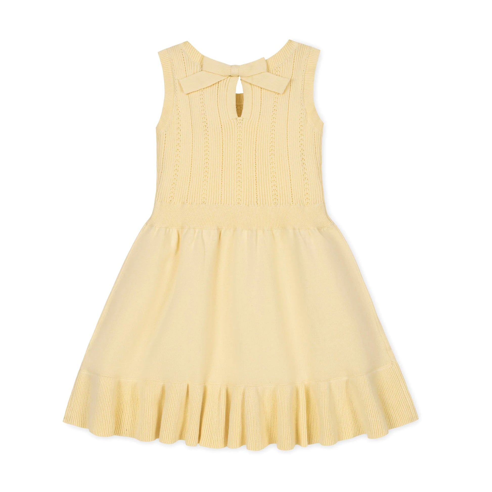 back view of Yellow organic cotton knit sweater dress for girls with a flounce hem by Hope and Henry.