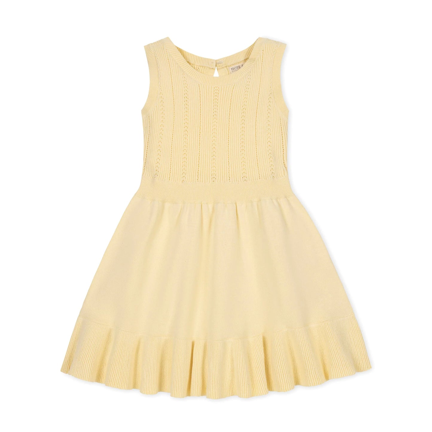 second back view of Yellow organic cotton knit sweater dress for girls with a flounce hem by Hope and Henry.