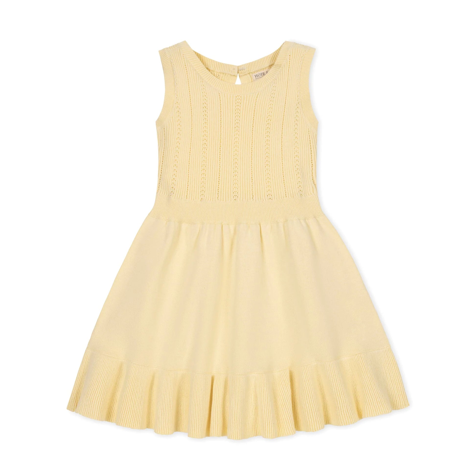 second back view of Yellow organic cotton knit sweater dress for girls with a flounce hem by Hope and Henry.